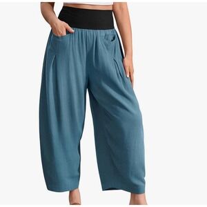 Tarse Women S Linen Pants Blue‎ Wide Leg High Waist Pockets Cropped Casual
